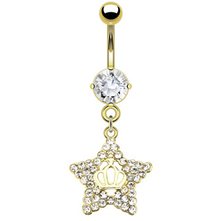 Piercing nombril �toile dor�e pav�e de pierres avec couronne