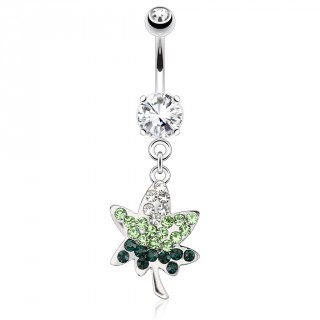 Piercing nombril feuille de cannabis � strass clairs et verts