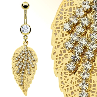 Piercing nombril feuille en dentelle plaqu�e or pav�e de pierres