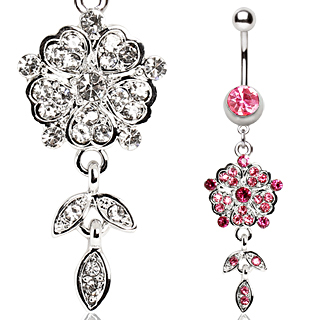 Piercing nombril fleur � p�tales de coeurs avec feuilles