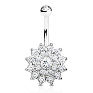 Piercing nombril fleur Dahlia pav�e de strass - Argent�