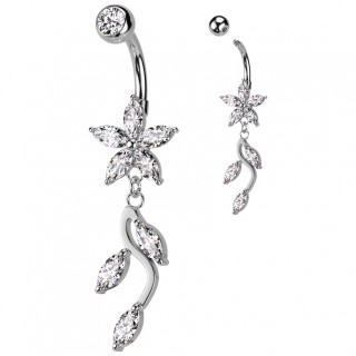 Piercing nombril � fleur de zirconiums et feuilles en pendentif
