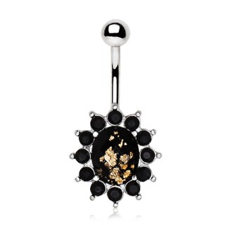 Piercing nombril fleur noire � feuille d'or (imitation or)