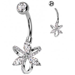 Piercing nombril fleur � p�tales zirconiums et boucles pav�es