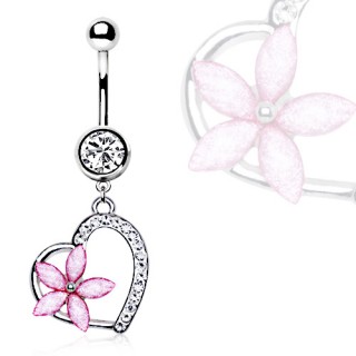 Piercing nombril fleur rose sur coeur pav� de strass
