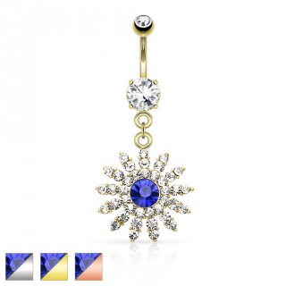 Piercing nombril fleur royale avec centre bleu et strasses clairs