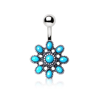 Piercing nombril fleur vintage � p�tales de turquoise