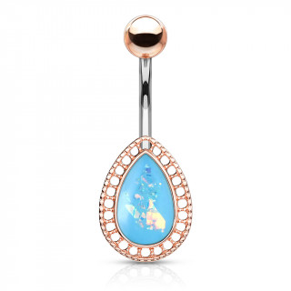 Piercing nombril goutte opale � contours cuivr�s - Bleu aqua