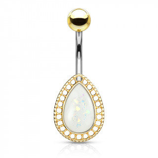 Piercing nombril goutte opale � contours dor�s - Blanc