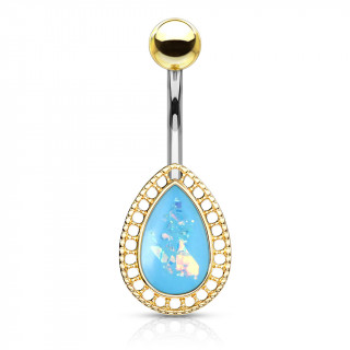 Piercing nombril goutte opale � contours dor�s - Bleu aqua