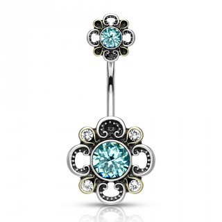Piercing nombril gris antique � motifs floraux - Bleu aqua