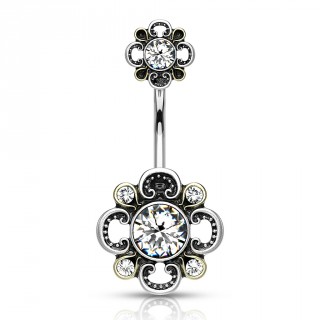 Piercing nombril gris antique � motifs floraux - Clair