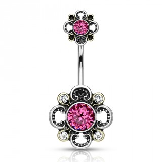 Piercing nombril gris antique � motifs floraux - Rose
