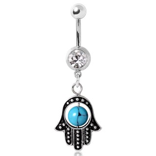 Piercing nombril � hamsa et perle de turquoise