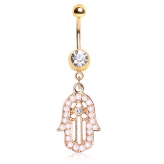 Piercing nombril hamsa (main fatma) dor�e pav�e de perles et strass