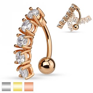 Piercing nombril invers� � barette courb�e sertie de 5 pierres rondes