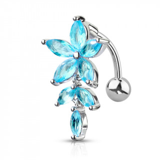 Piercing nombril invers� fleur � p�tales en marquise - Bleu aqua