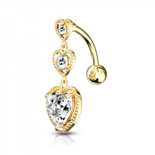 Piercing nombril invers� plaqu� or � trio de coeurs sertis