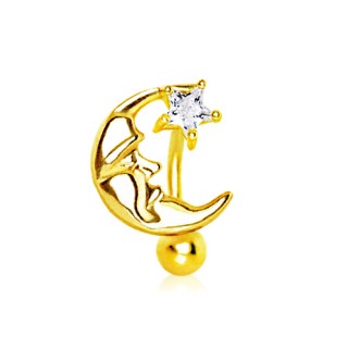 Piercing nombril invers� plaqu� or visage de la Lune et �toile strass