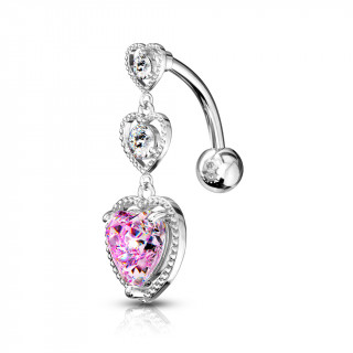 Piercing nombril invers� � trio de coeurs sertis - Clair et rose