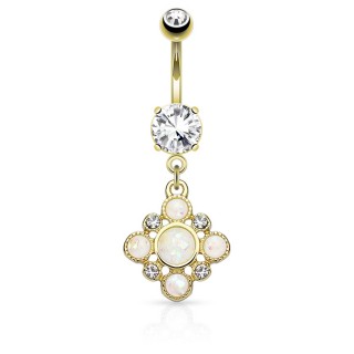Piercing nombril losange dor� pav� d'opales et strass