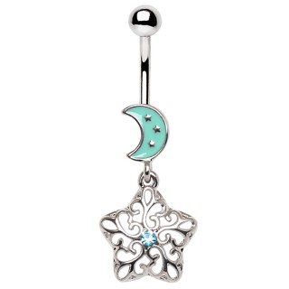 Piercing nombril � lune emaill�e et pendentif �toile arabesque