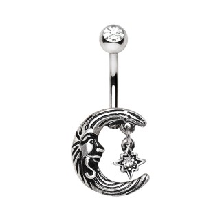 Piercing nombril lune vintage et �toile sertie
