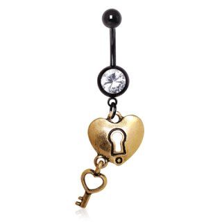 Piercing nombril noir � coeur cadenas et cl� plaqu� or 14 carats
