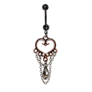 Piercing nombril noir � coeur vintage cuivr� avec chaines et cristal