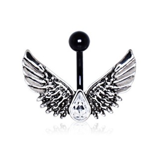 Piercing nombril noir � ailes d'ange et strass