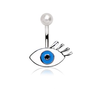 Piercing nombril oeil bleu � perle blanche