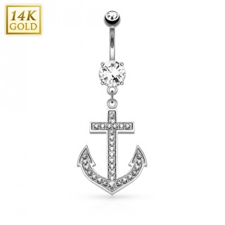 Piercing nombril or blanc 14 carats � ancre de marine pav�e zirconiums