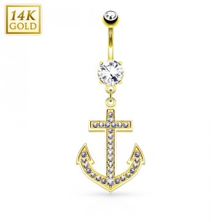Piercing nombril or jaune 14 carats � ancre de marine pav�e zirconiums