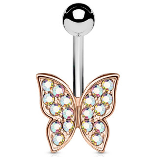 Piercing nombril papillon aux ailes cuivr�es serties de cristaux aurore bor�ale