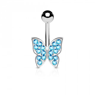 Piercing nombril papillon aux ailes serties de cristaux aqua