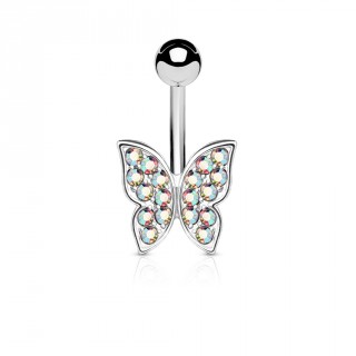 Piercing nombril papillon aux ailes serties de cristaux aurore bor�ale