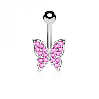 Piercing nombril papillon aux ailes serties de cristaux roses