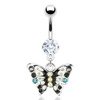 Piercing nombril papillon noir et gris perl� et serti