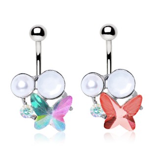 Piercing nombril papillon � perle et strass