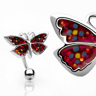 Piercing nombril papillon rouge � pois multicolores