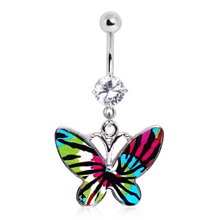 Piercing nombril papillon vert, bleu et rose � taches noires