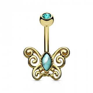 Piercing nombril papillon vintage � turquoise - dor�