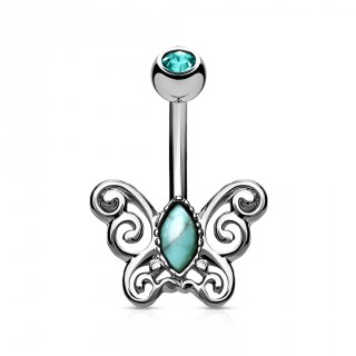 Piercing nombril papillon vintage � turquoise - gris m�tal