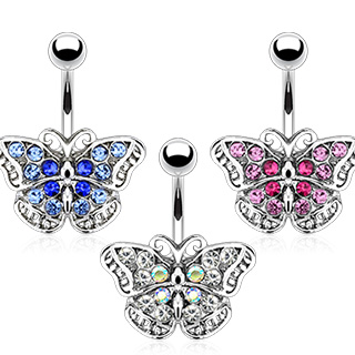 Piercing nombril papillon vintage pav� de pierres