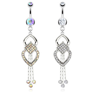 Piercing nombril pav� de pierres avec coeurs et losange