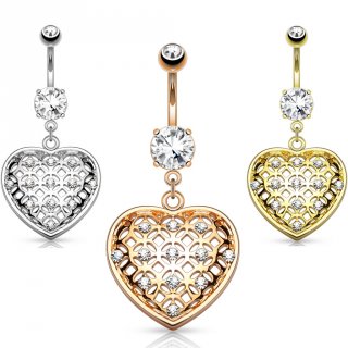 Piercing nombril pendentif coeur perfor� avec strass