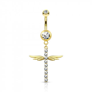 Piercing nombril pendentif croix strass ail�e - Dor�