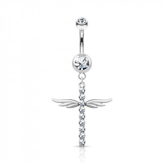 Piercing nombril pendentif croix strass ail�e - Gris