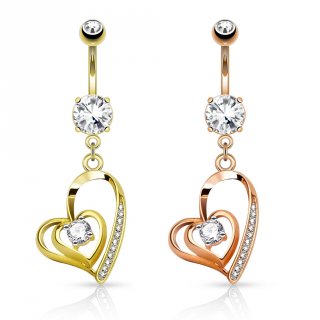 Piercing nombril pendentif double coeur strass plaqu� or