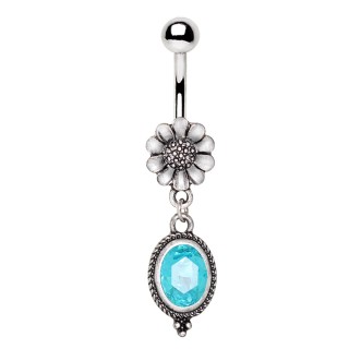 Piercing nombril pendentif fleur et m�daillon bleu lagon